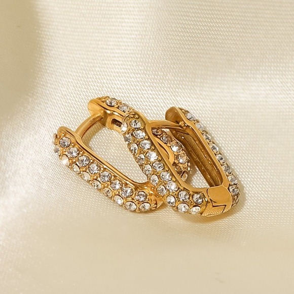 U Shaped Pave Zirconia Hoop Earrings 18K Gold Plated Stainles Steel - Picture 5 of 7